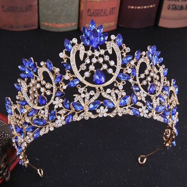 

forseven baroque red blue gold crystal tiara crowns women girl princess bridal bride wedding party headwear hair jewelry, Golden;white