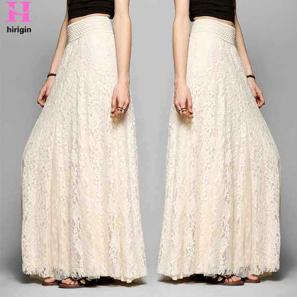 

hirigin new fashion boho lace long skirts women girl double layer flower pleated maxi long skirts elastic waist skirt, Black