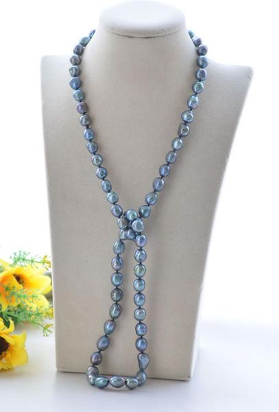 

p7718 33" 13mm peacock-black baroque freshwater pearl necklace, Silver