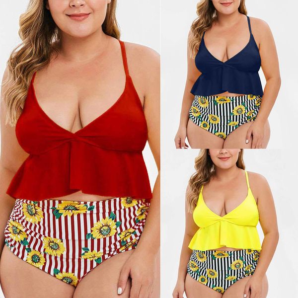 

plus size swimwear women rainbow stripes ruffles bikini set oversize push up padded swimsuit women bathing suit 2019, White;black