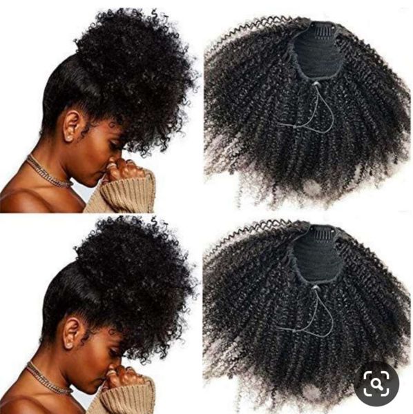 

naturally short high puff bun updo ponytail extension 8a afro kinky curly human hair drawstring ponytail hair extensions with clips, Black