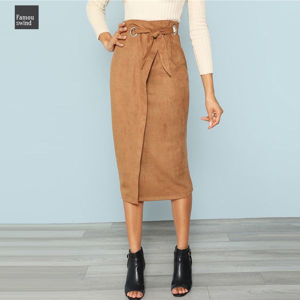 

юбка браун элегантный талии bodycon работа zip назад середина теленок wrap узел сплит назад женщины tie осень карандаш midi юбка, Black