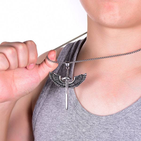 

stainless steel judgment sword necklaces mens chain wing pendants fashion gifts for male accessories silver necklace lager 2019