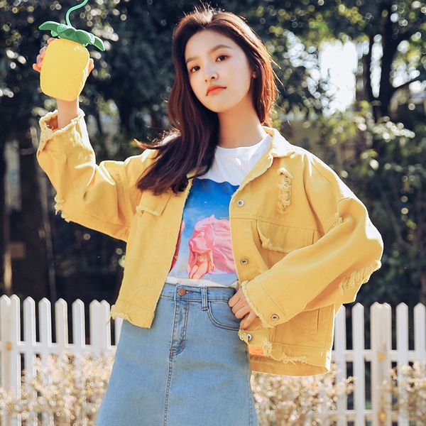 

женская одежда желтая джинсовая короткая куртка женский новый корейский harajuku однобортный свободный лацкан женская куртка топ, Black;brown