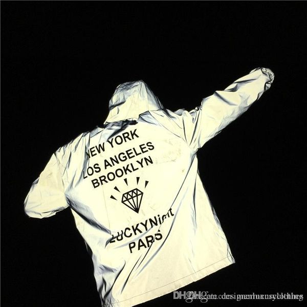 

men 3m reflective jacket diamond print letters new york brooklyn hooded loose casual coats windbreaker jackets, Black;brown