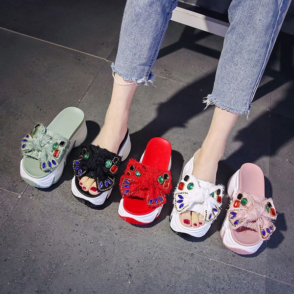 

loafers shoes woman 2020 slippers heels platform slipers women butterfly-knot increased internal slides high flat summer, Black