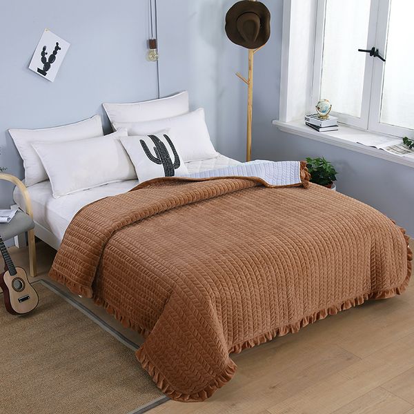 

brown color plush warm quilted bedspread ruffled edge blanket throw queen size bed cover set sofa cover ultra soft all seasons