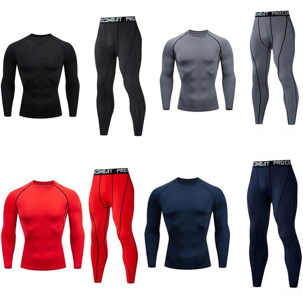

brand sportswear men's running suit compression shirt fitness training kit gym leggings sports underwear base layer union suit, Black;blue