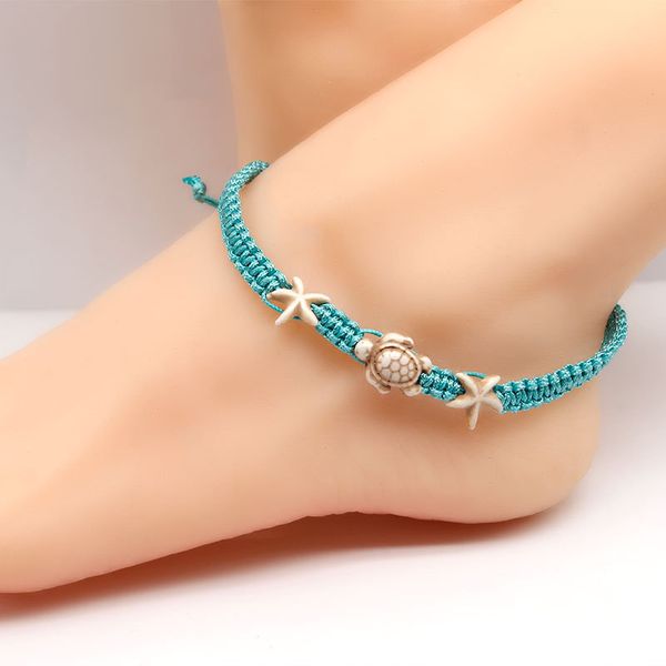 

new hand-woven beach adjustable rope anklet turtle starfish creative ankle bracelets for women bohemian jewelry, Red;blue