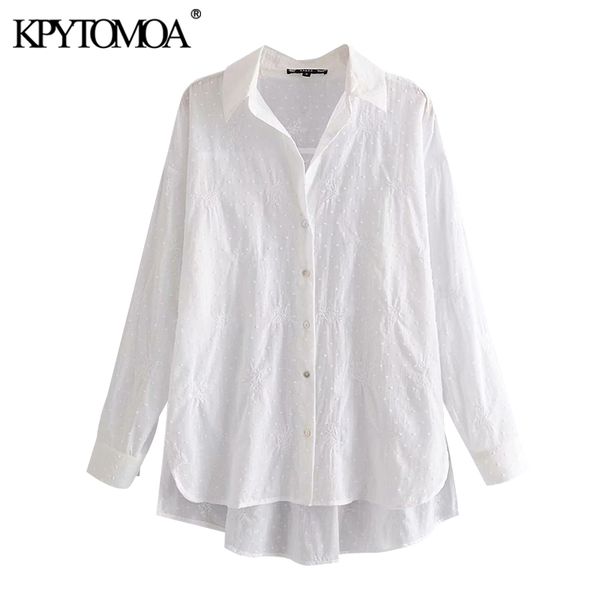 

kpytomoa women 2020 fashion oversized embroidery blouses vintage long sleeve see through female shirts blusas mujer chic, White