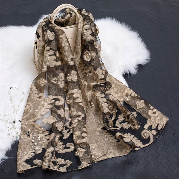 

2020 women's luxury brand plain embroider floral organza scarves silk chiffon muffler muslim hijab bufandas sunscreen wrap sjaal t20040, Blue;gray