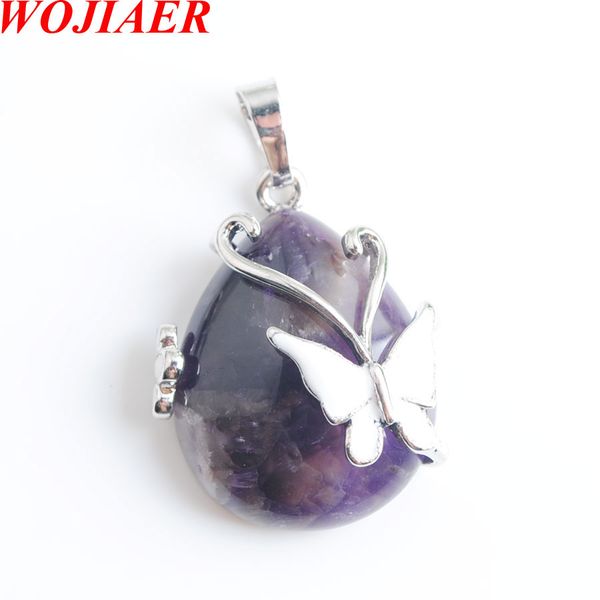 

wojiaer water drop natural amethyst stone pendant bead butterfly flower pendants & necklace for women jewellery dn8098, Silver