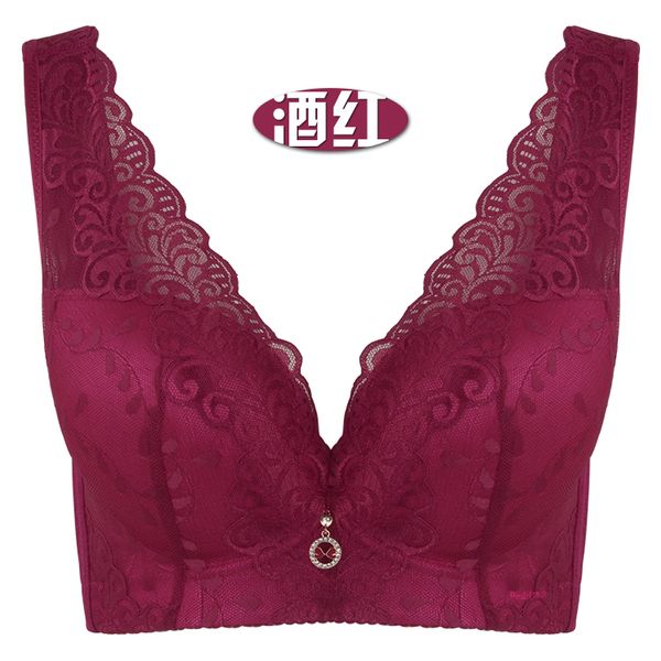 

lace large cup bras for women wireless gather adjustable push up bra sutia plus size bamboo fiber brassiere 95 90 100 c d e, Red;black