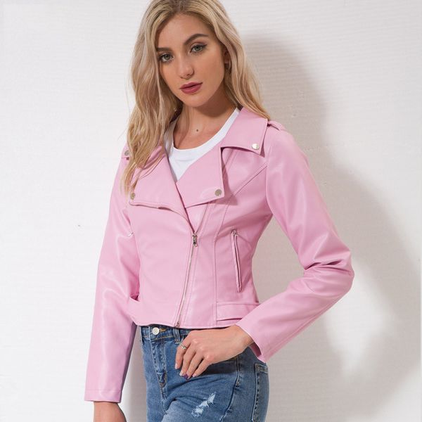 

pink leather jacket women 2019 new autumn fashion short slim zipper pockets waterproof moto pu faux leather coat feminina lr267, Black