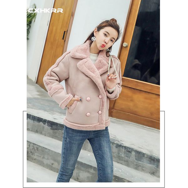 

cxhkrr 2019 autumn and winter new suede wool warm jacket ladies short parka coat long-sleeved wool double-breasted coat winter c, Black