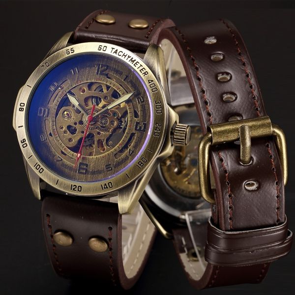 Esqueleto relógio mecânico relógio automático homens steampunk bronze transparente mens automático relógios mecânicos relógios relógio para homem t7190617