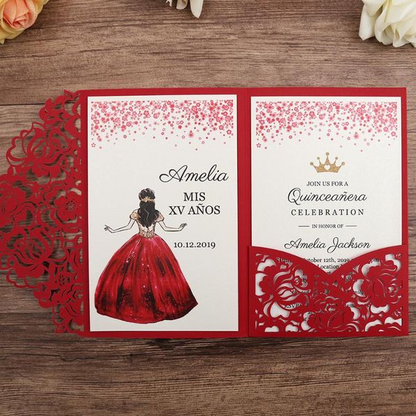 

100pcs red laser cut floral invitation cards for wedding / party / quinceanera anniversary birthday, cw0008