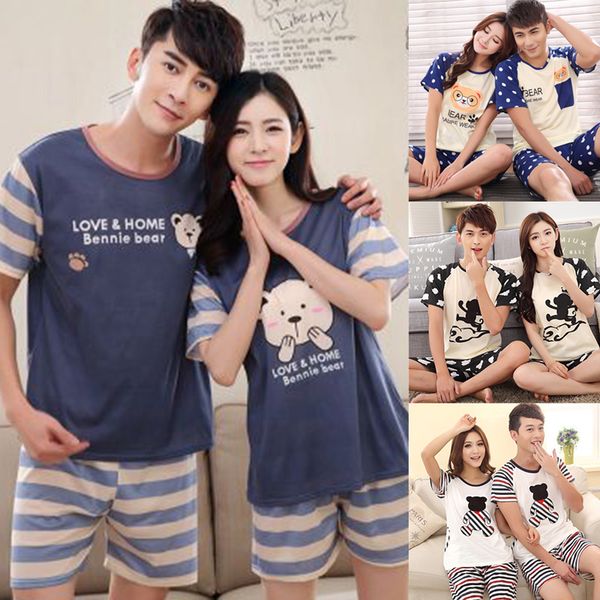 

couples sleepwear women men summer cartoon short sleeve pullover pants pajamas set cotton casual lounge wear new /l/xl/2xl 2020, Blue;gray