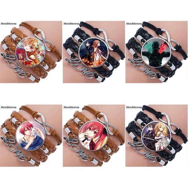 

kirigaya kazuto yuuki asuna for girls gift glass cabochon jewelry with multilayer black/brown leather bracelet bangle, Golden;silver