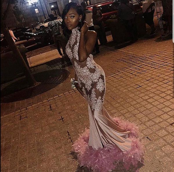 

feather prom dresses mermaid see through high neck lace appliques floor length cocktail party dress women wear evening gowns, Black