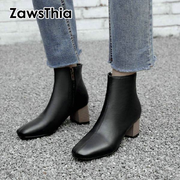 

zawsthia 2019 winter autumn black khaki woman chunky high heels shoes classic square toe ladies short ankle boots big size 33-51