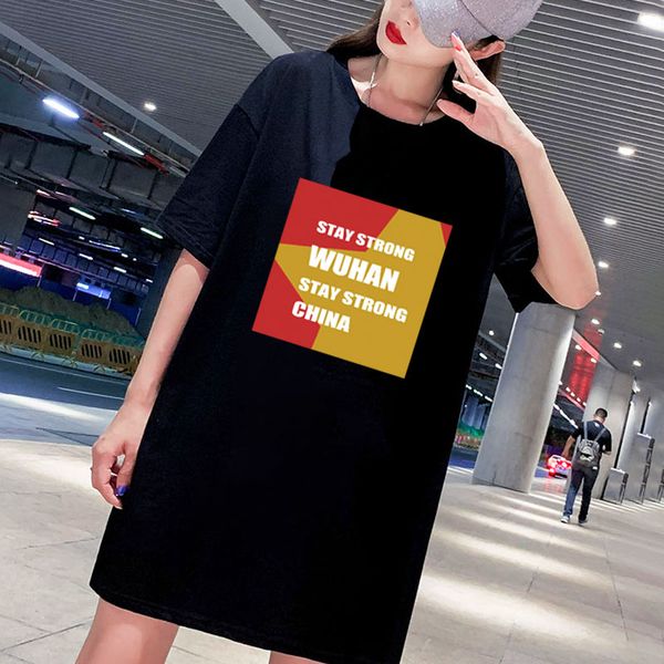 

2020 plus size women clothing summer dress ladies short sleeve dress stay strong wuhan china print dress -4xl, Black;gray