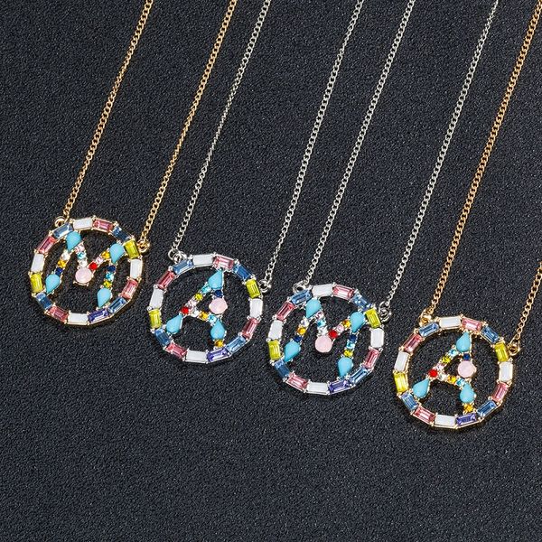 

rainbow 26 letter pendant necklace crystal cubic zircon a~z initials letter fashion charm statement necklaces ladies jewelry, Silver