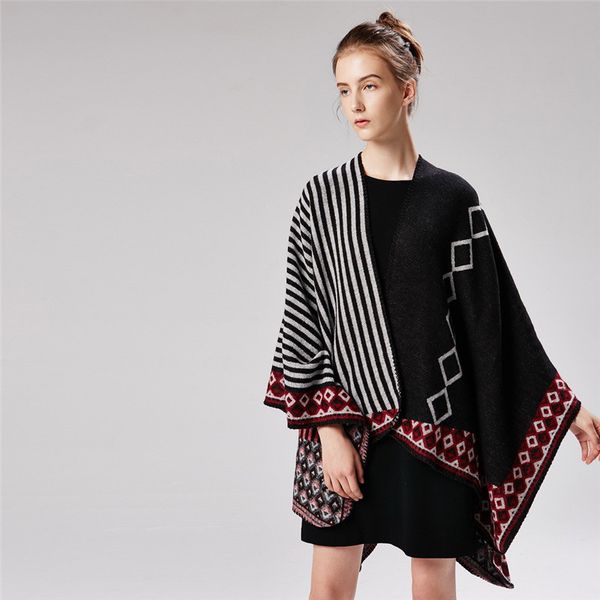 

stripe small diamond office air condition women shawl walk traveling cape camping capes gift ladies scarf fall winter poncho, White
