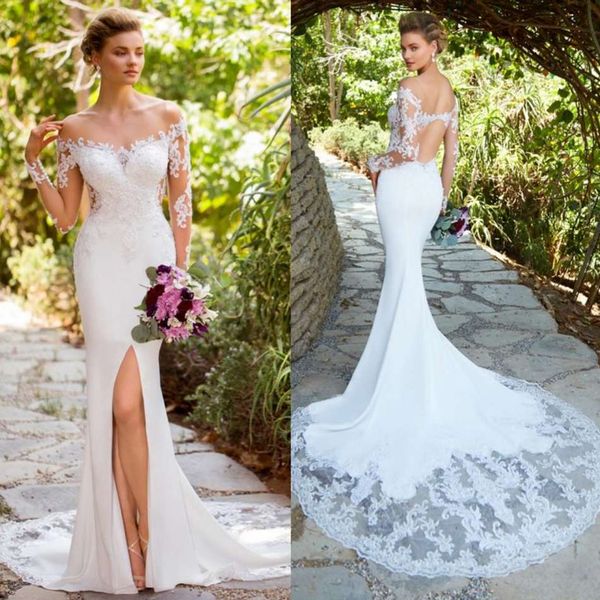 

kitty chen 2019 wedding dresses jewel neck illusion long sleeve bohemia mermaid bridal gowns split front backless garden wedding dress, White
