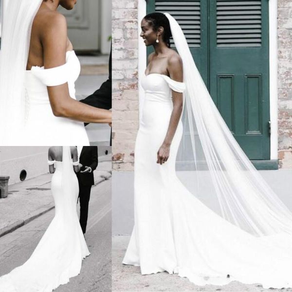 Estilo simples Sereia De Cetim Branco Vestidos De Casamento Fora Do Ombro Equipado 2019 Mais Novo Primavera País Africano Vestido De Noiva Vestido De Noiva Personalizado