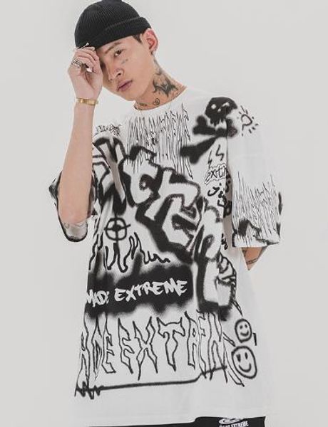 

offboy/summer new original tshir european american hip-hop tee men graffiti letters covered printing trend tee loose men short-sleeved shirt, White;black