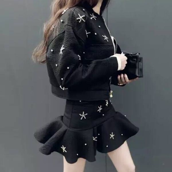 

new thick spring autumn women clothing sets, jacquard beads sets loose coat+ ruffles skirt, young ladies skirts suits ns131, White;black