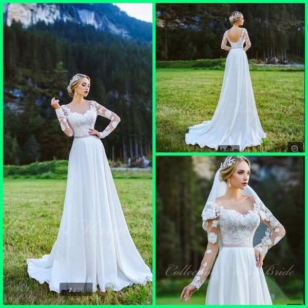 

2020 a-line lace chiffon informal boho beach wedding dresses long sleeves sheer bohemian summer bride dress robe de mariee, White