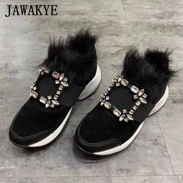 

jawakye rhinestone fur women sneakers ankle boots black suede square crystal buckle winter leisure flat shoes chaussures femme