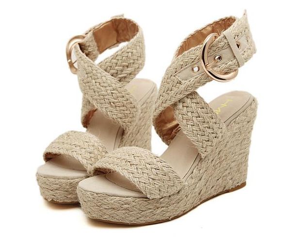 

sale bohemian city classified natural look ankle strappy straw braided wedges heel classic 3 colors, Black