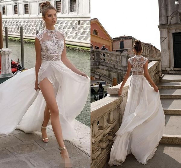 

2019 Julie Vino Plus Size Beach Wedding Dresses A Line High Split Cheap Deep V Neck Illusion Lace Applique Bridal Gowns Robes formelles