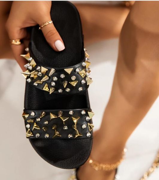 

new pattern women rhinestone slippers rivet shoes woman punk flat slippers outdoor casual female beach slides ladies summer sandals, Black