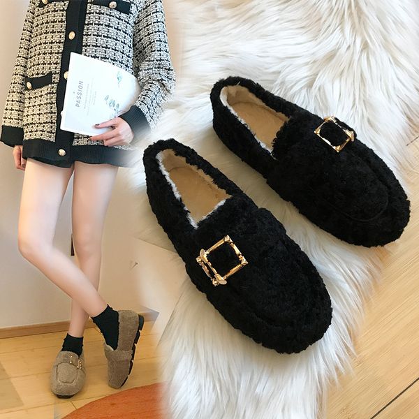 

loafers fur shoes woman flats shallow mouth women round toe 2019 fashion women's casual female sneakers all-match slip-on, Black