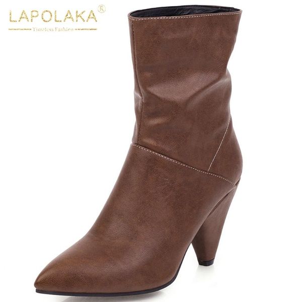 

lapolaka new arrivals high heeled large size 47 women's shoes woman fashion slip on pointed toe ankle boots female, Black