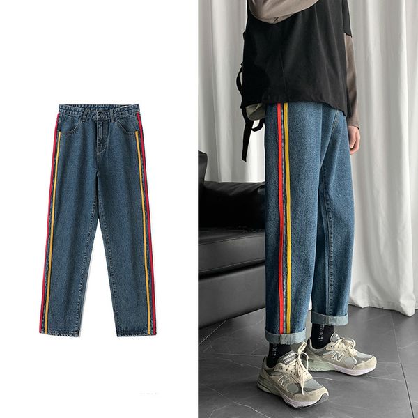 

men's stripe printing stretch slim fit haren pants cargo pocket jeans black/blue color casual pants tide biker denim trousers