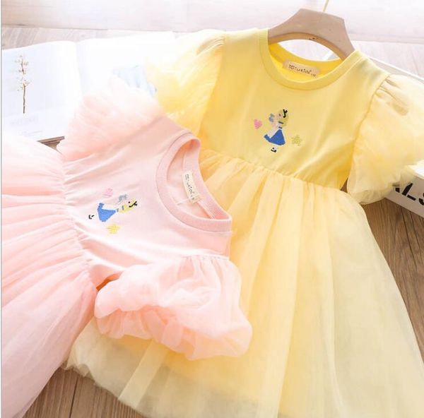 

2020 summer children baby cute cartoon mesh dresses , girls princess sweet clothes 5 pcs/lot, wholesale, Red;yellow