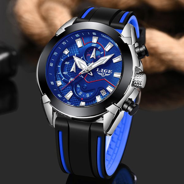 

lige mens watches silicone strap brand luxury waterproof sport chronograph quartz business wristwatch watch men reloj hombre, Slivery;brown