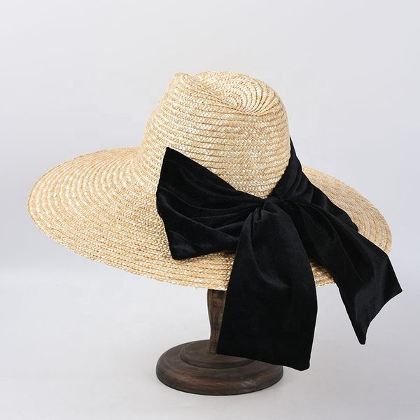 

big velvet bow beach sun shade straw fedora hat for women