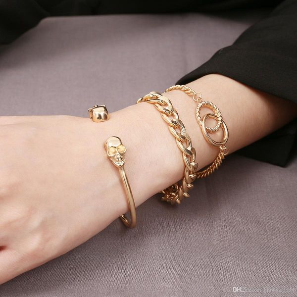 

new fashion charm bracelets for women simple creative skull punk metal chains gold plated alloy multilayer bracelet wristbands, Golden;silver