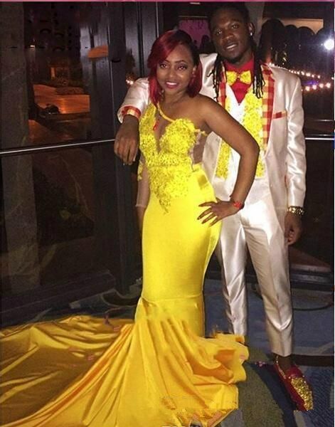 

yellow color prom dresses 2019 african black girls mermaid long sleeve one shoulder evening party gowns plus size robe de soiree, Black;red