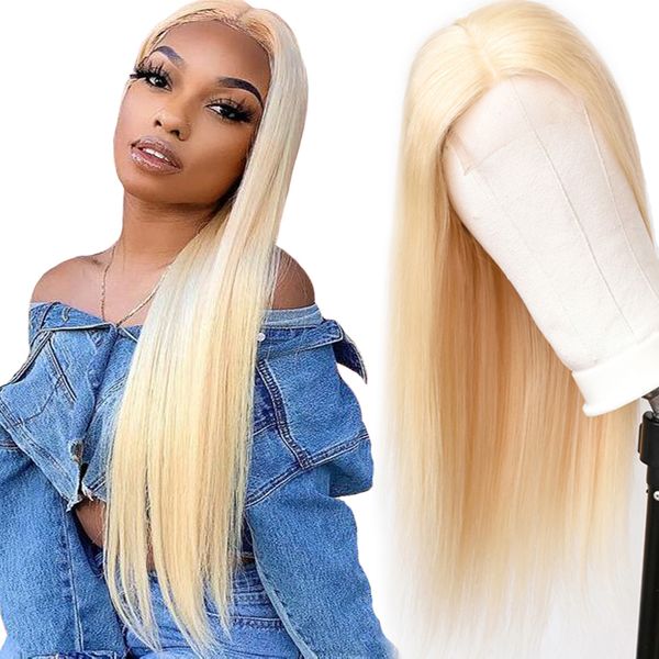 

613 blonde human hair wigs 4x4 closure wig lace wig blonde 613 honey blonde color brazilian straight remy hair, Black;brown