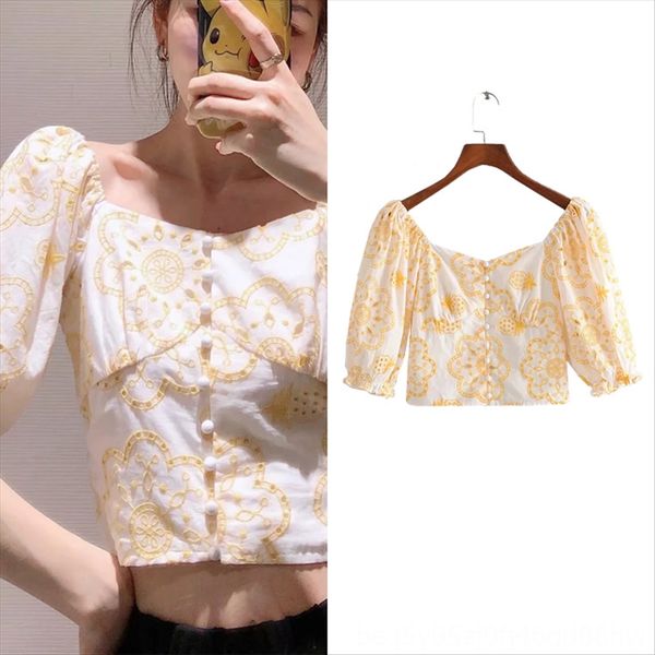 

2020 korean style fresh and sweet embroidery fruit t-shirt loose pleated bubble sleeve fruit jacket short jacket short female, White