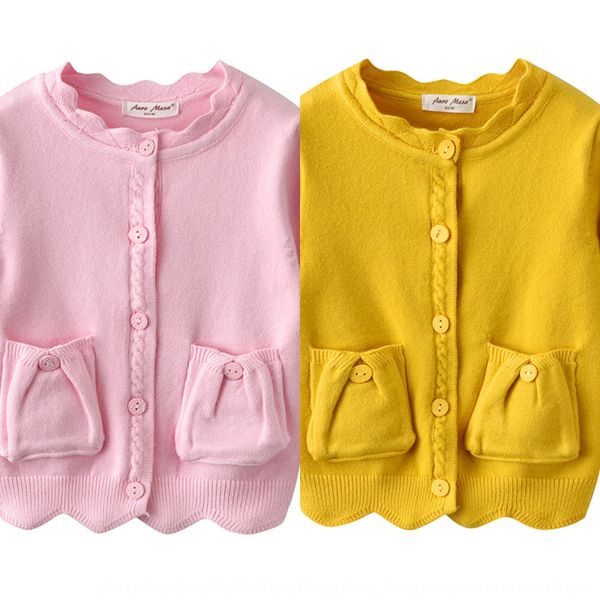 

autumn girls pure color core-covered yarn knitted cardigan children's sweet pocket long coat sweater sleeve sweater coat, Blue