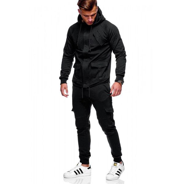 

2018 new style fashion casual men's set fleece with pocket warm hoodie bottoms solid with hat, Gray