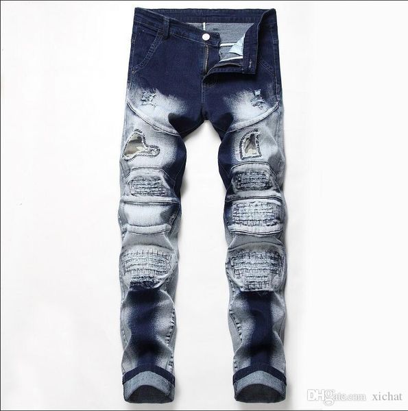 

mens ripped designer bleached jeans retro stretch washed straight leg slim fit streetwear scratched denim pants cj823, Blue